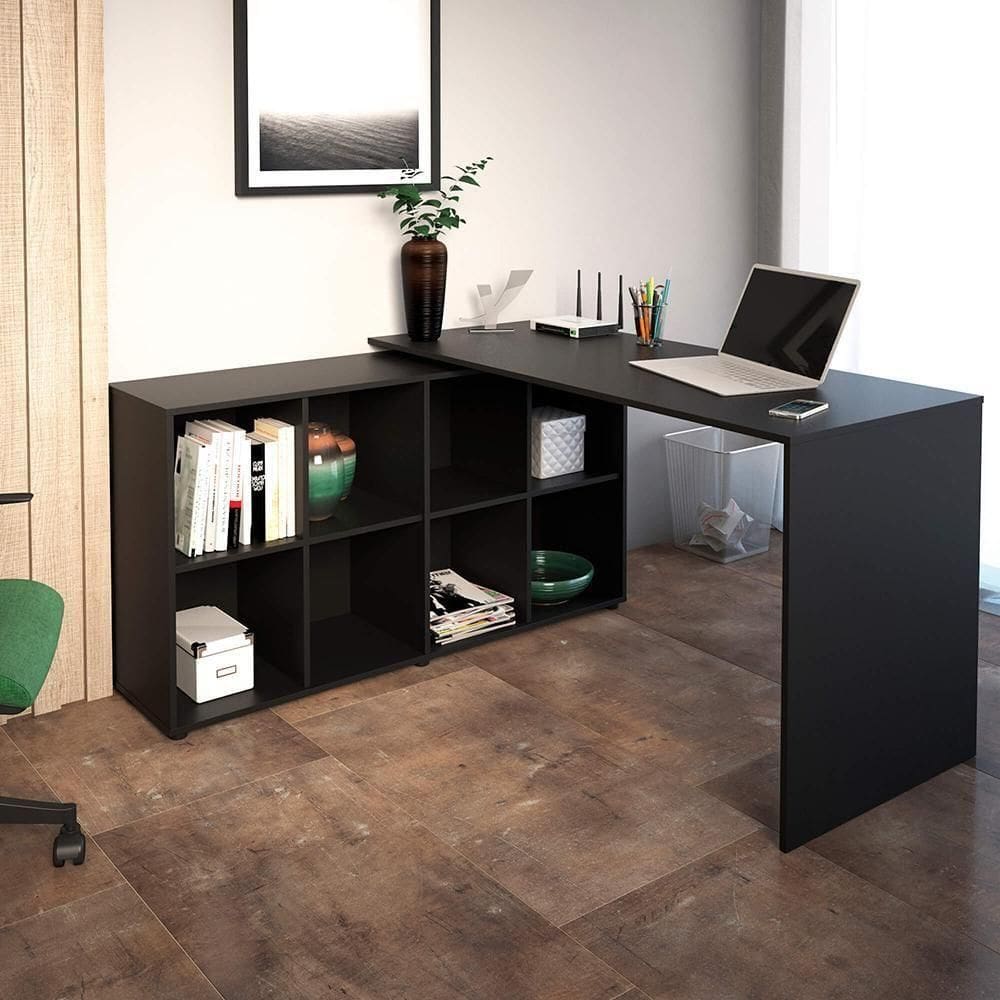Mesa De Escritório Em L 8 Nichos Dakota Preto