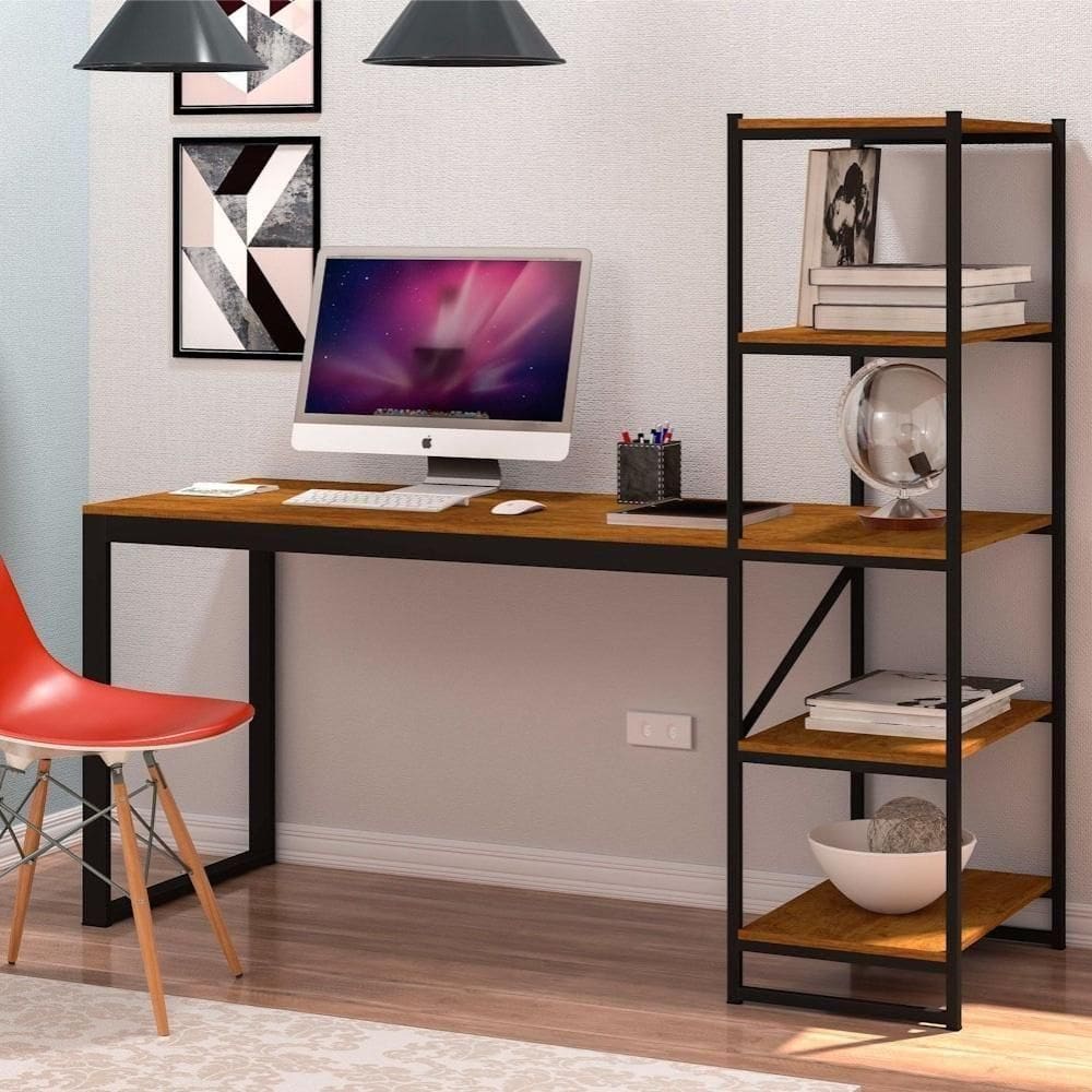 Mesa Para Escritório Com Estante Preto Canela Rustico