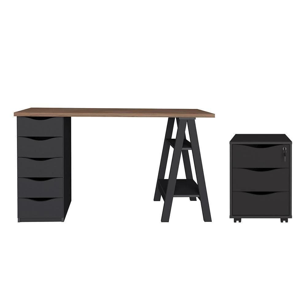 Conjunto Escrivaninha E Gaveteiro Leverkusen Nogal Preto