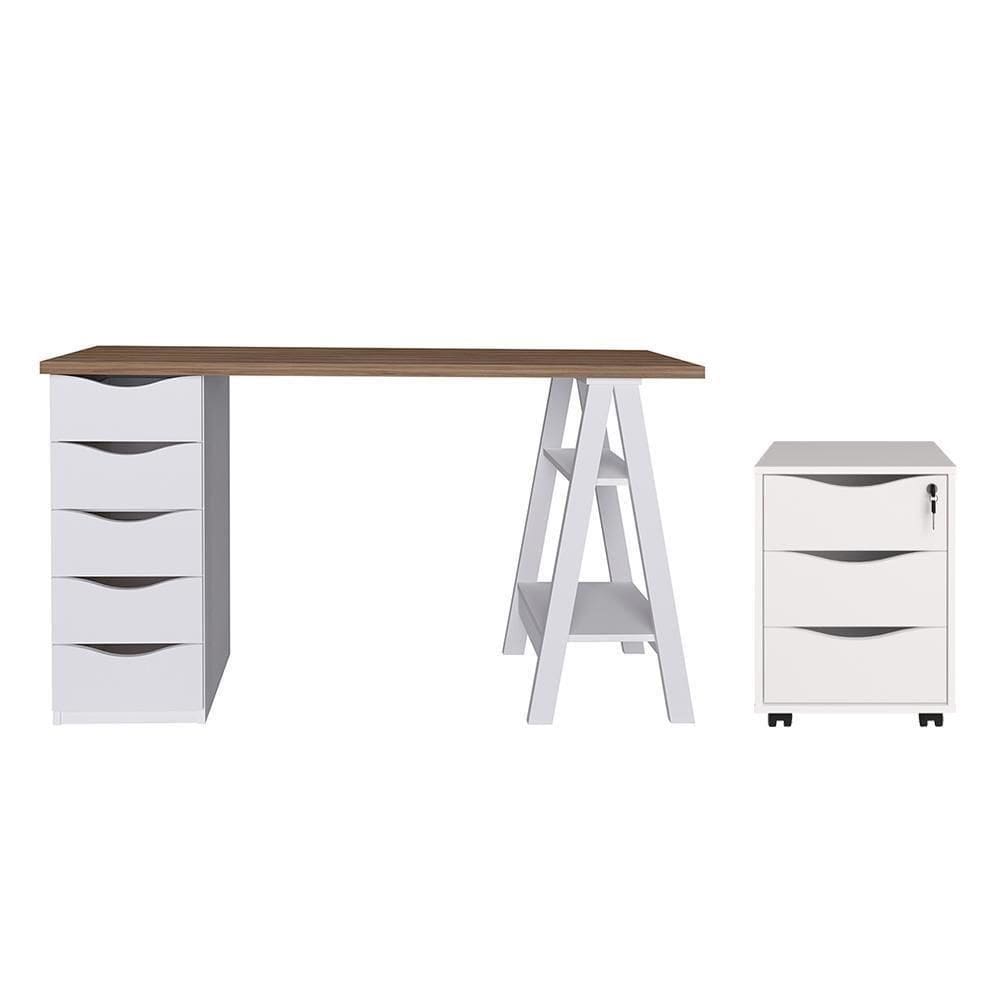 Conjunto Escrivaninha E Gaveteiro Leverkusen Nogal Branco