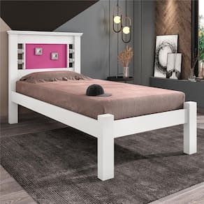 Cama Solteiro Com Cabeceira Buran Branco E Rosa