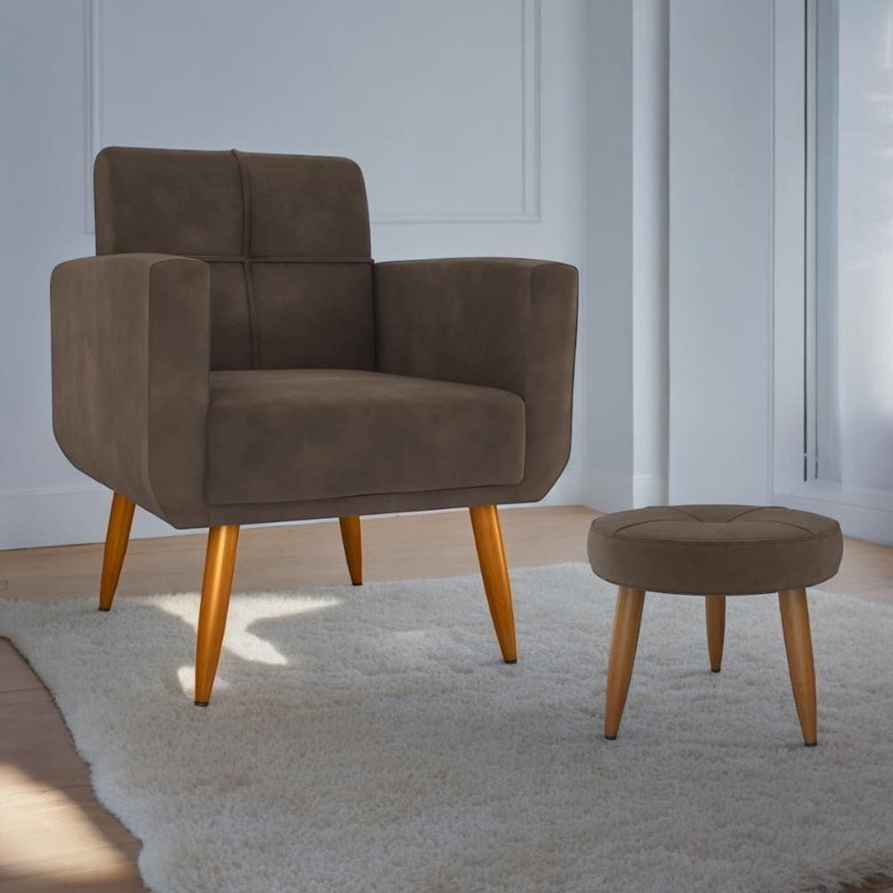 Jogo Poltrona E Puff Para Sala Hazen Veludo Marrom