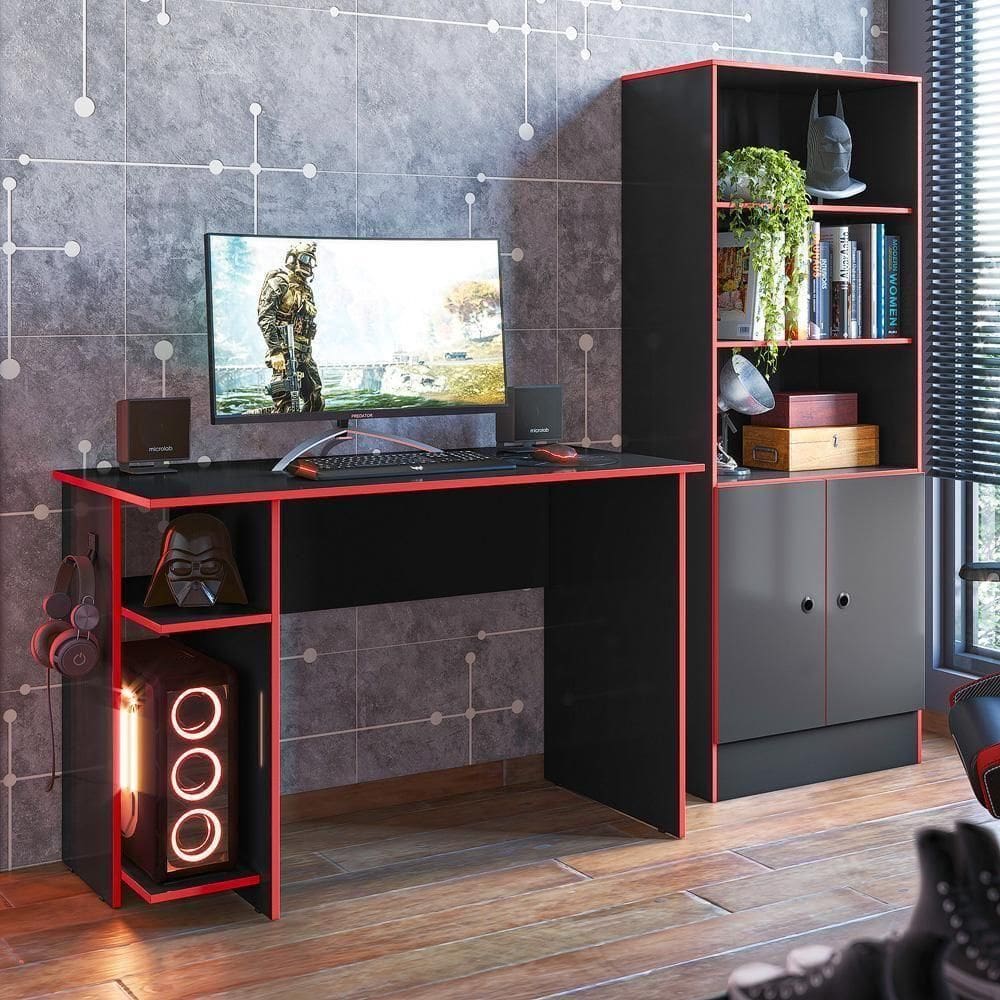 Conjunto Gamer Mesa E Armario Conquest Preto Fosco Vermelho