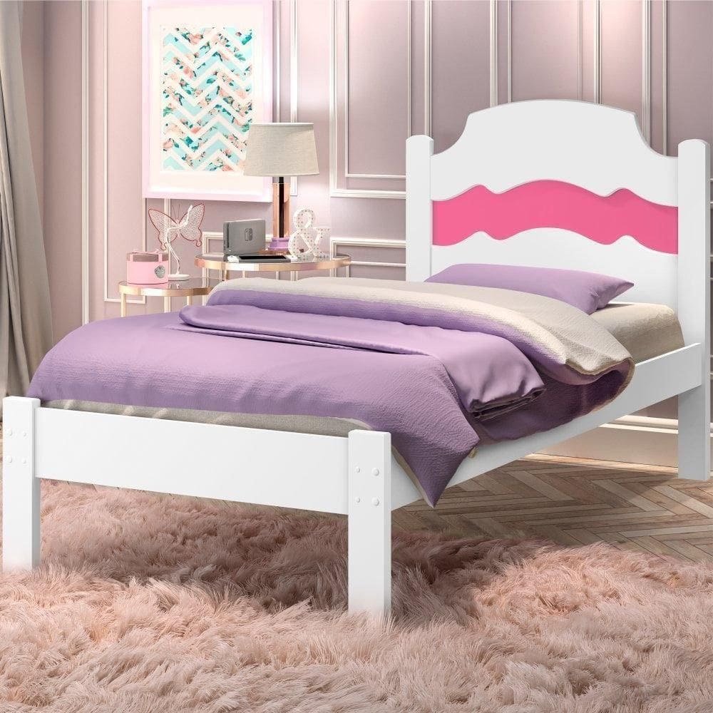 Cama Solteiro Iris Branco Rosa Com Colchão