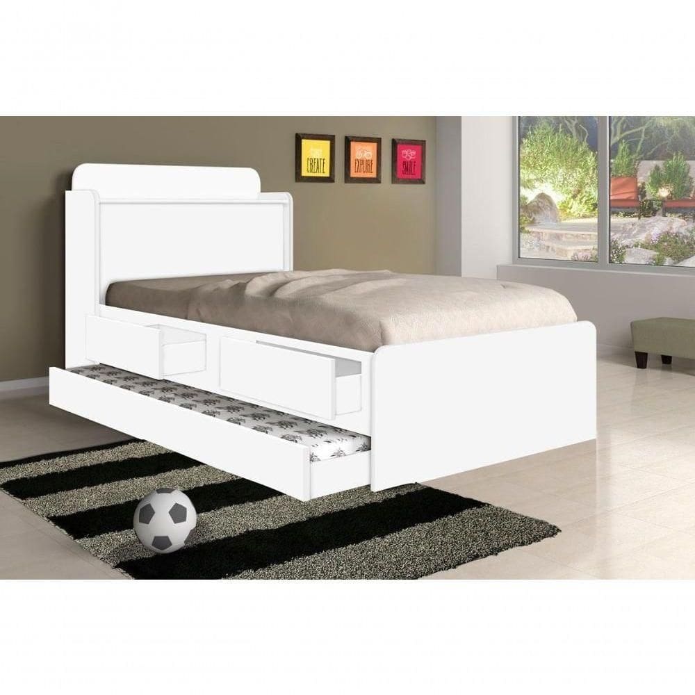 Cama Solteiro Tamires Baú Branco Com Auxiliar E Colchões