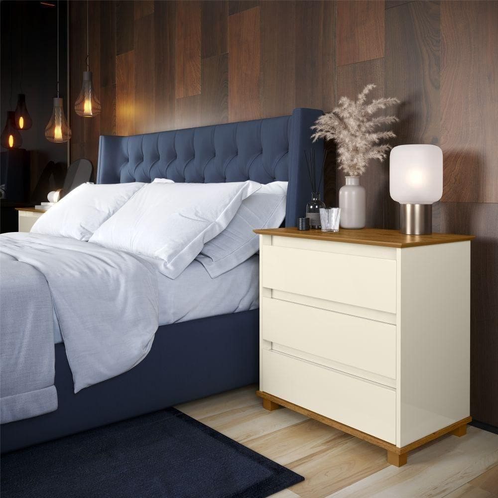 Mesa De Cabeceira 3 Gavetas Alana Off White Freijo