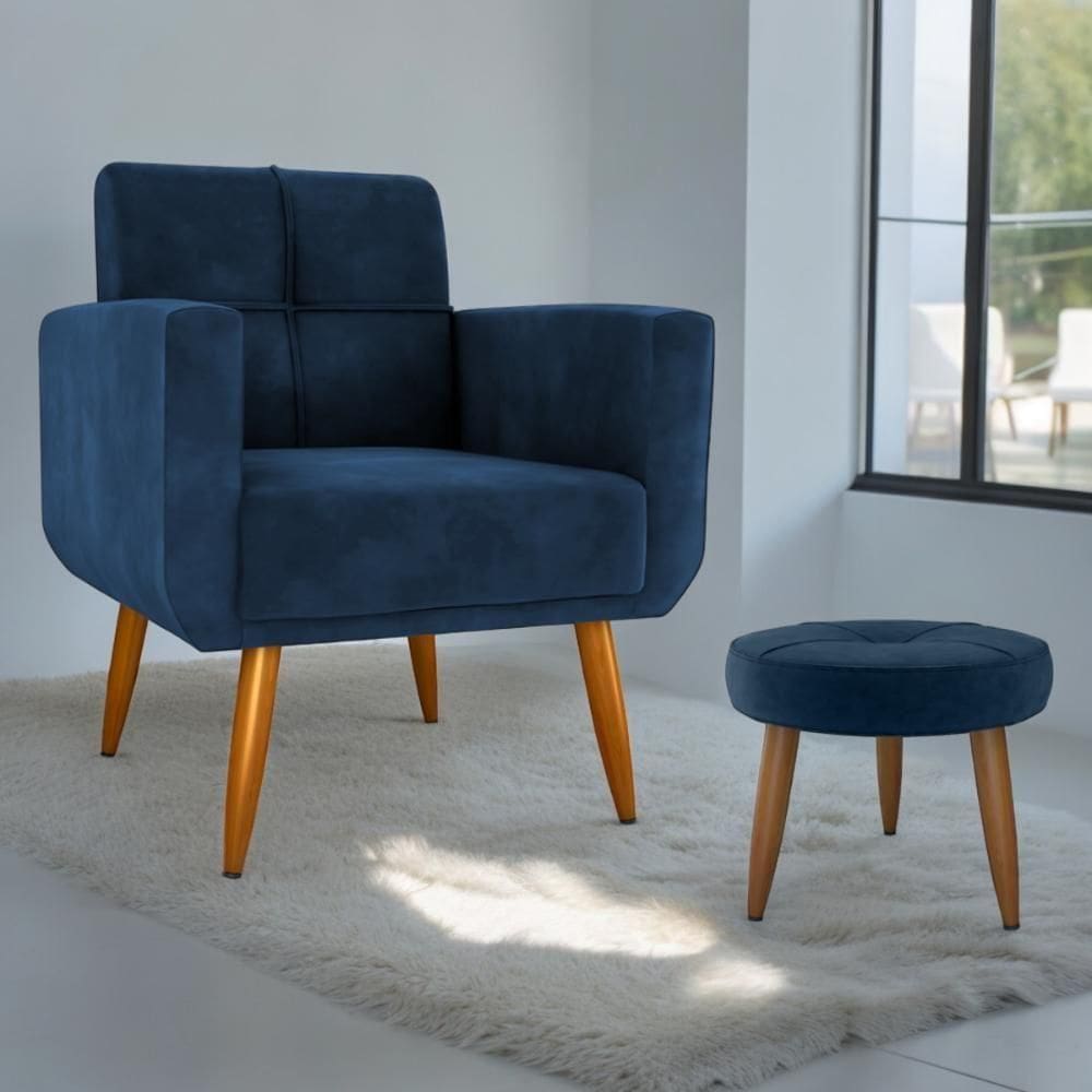 Jogo Poltrona E Puff Para Sala Oliver Veludo Azul
