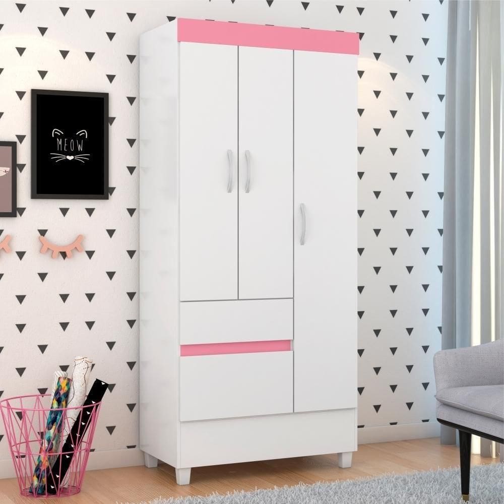 Guarda Roupa 3 Portas Fabi Branco Rosa
