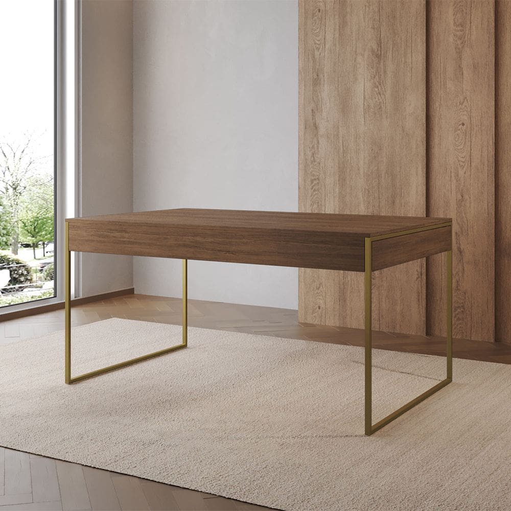 Mesa Industrial Caixote Filadélfia Tampo 120x75 Amêndoa Base Ferro Dourado