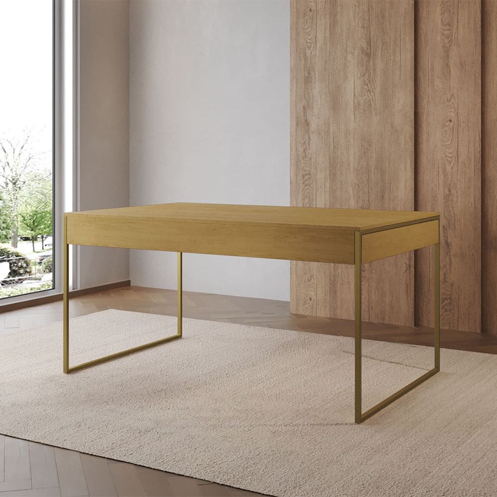 Mesa Industrial Caixote Filadélfia Tampo 120x75 Freijó Base Ferro Dourado