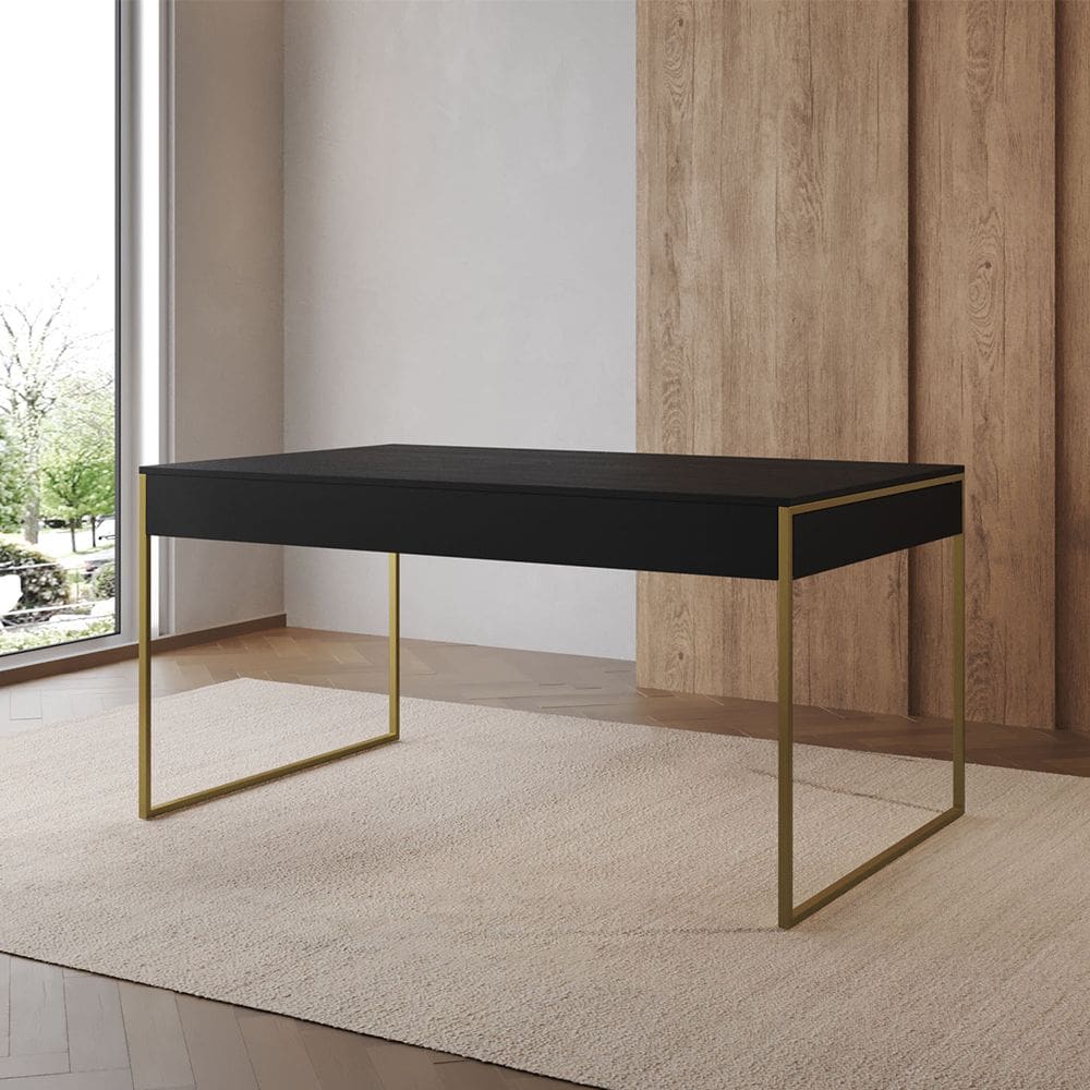 Mesa Industrial Caixote Filadélfia Tampo 120x75 Preto Base Ferro Dourado