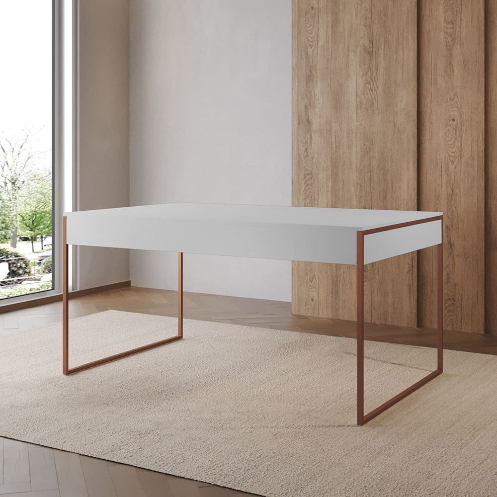 Mesa Industrial Caixote Filadélfia Tampo 120x75 Branco Base Ferro Cobre