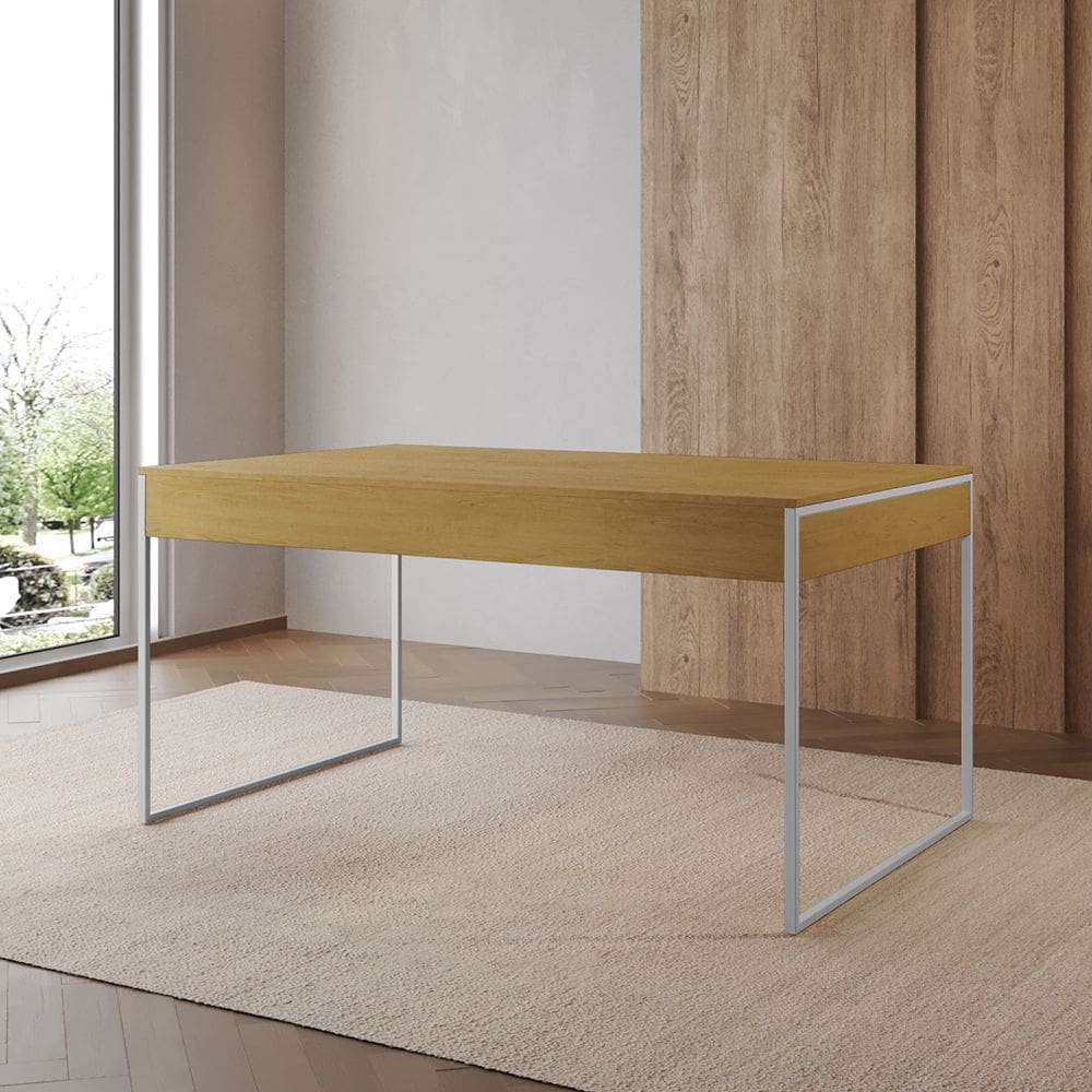 Mesa Industrial Caixote Filadélfia Tampo 120x75 Freijó Base Ferro Branco