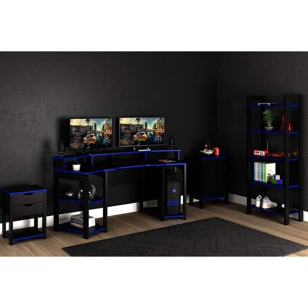 Quarto Completo Juvenil Gamer 4 Peças (Mesa Cabeceira + Mesa de Computador + Balcão + Estante) Preto/Azul - Tecno Mobili