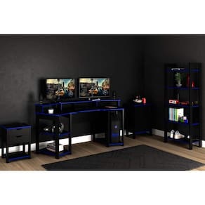Quarto Completo Solteiro Gamer 4 Peças (Mesa Cabeceira + Mesa de Computador + Balcão + Estante) Preto/Azul - Tecno Mobili