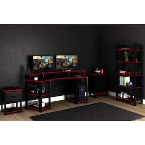 Quarto Casal Completo Gamer 4 Peças (Mesa Cabeceira + Mesa de Computador + Balcão + Estante) Preto/Vermelho - Tecno Mobili