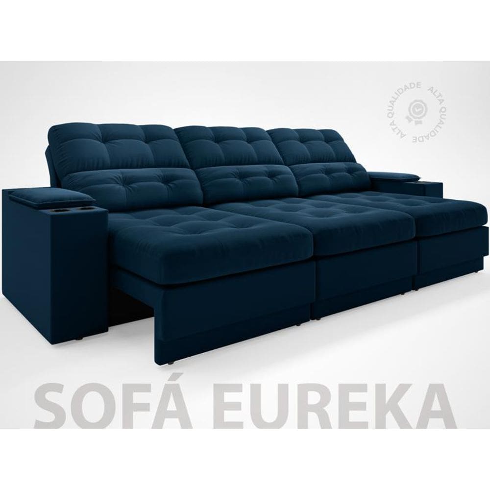 Sofá com Porta Copos e Carregador USB Eureka 2,30m Assento Retrátil e Reclinável Velosuede - NETSOFAS