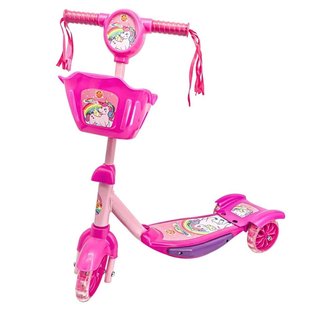 Patinete Menina Cestinha Unicórnio Led Radical Até 35Kg Rosa