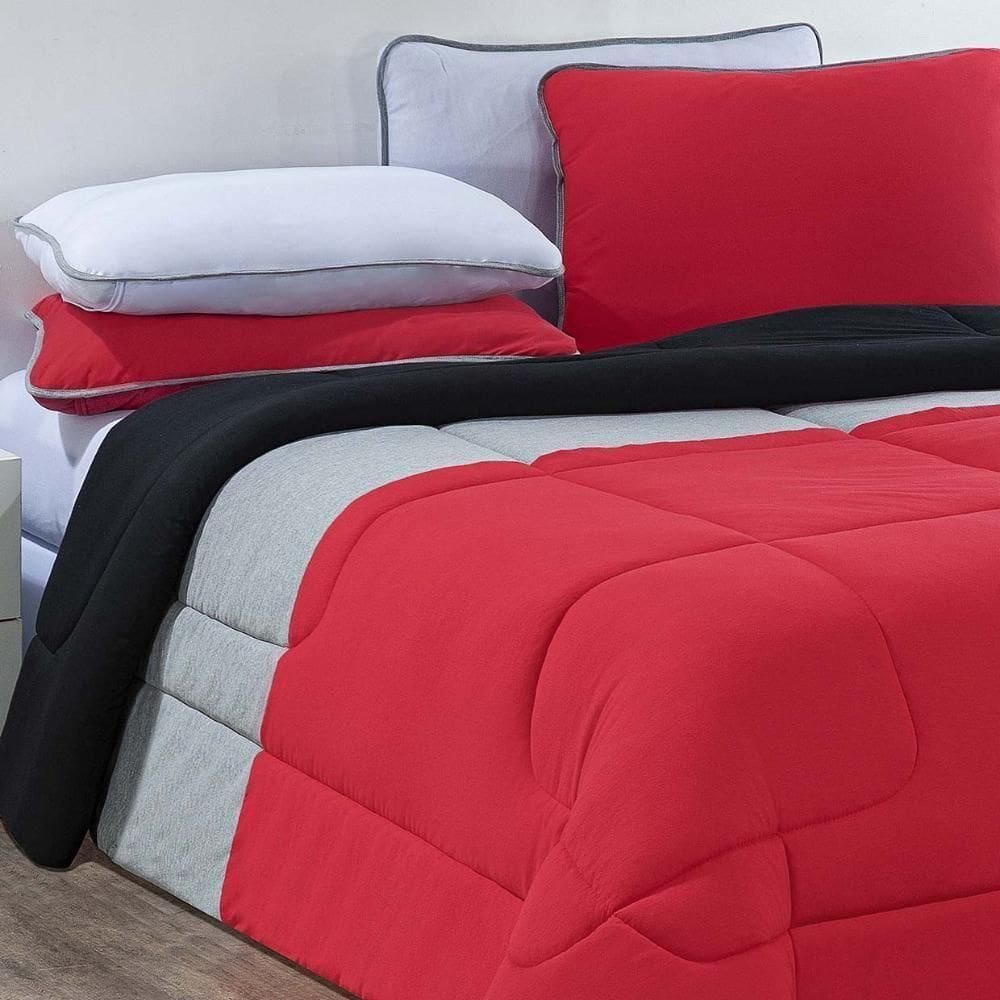 Kit Edredom Malha 100% Algodão Urbano 3 Peças Queen - Vermelho-mescla-preto