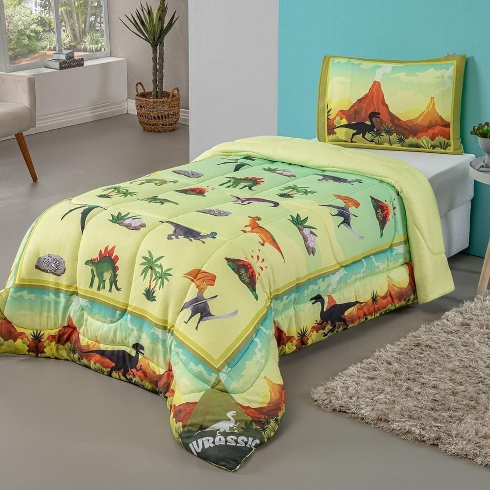 Kit Edredom Plush Fofinho Infantil Dupla Face Dream 2 Peças Solteiro - Dinossauro