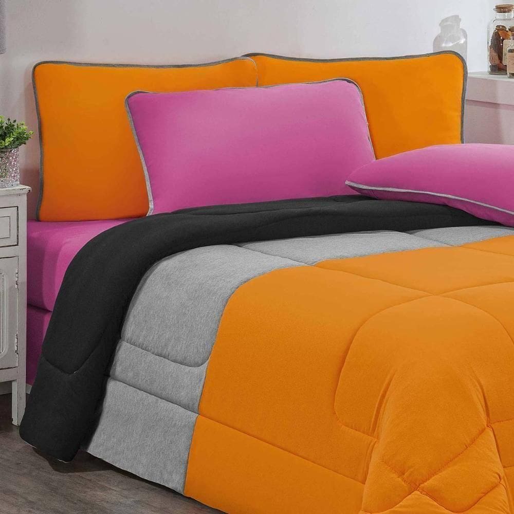 Kit Edredom Malha 100% Algodão Urbano 3 Peças Queen - Laranja-mescla-preto