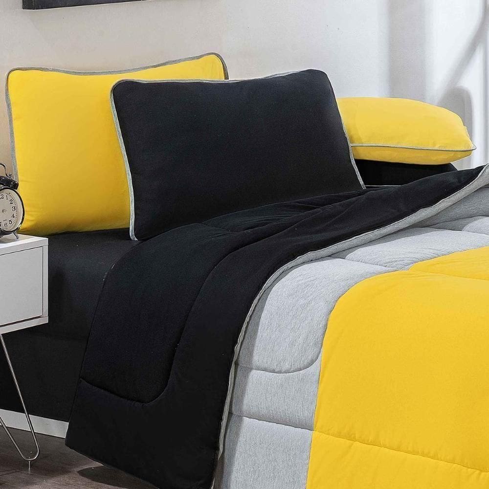 Kit Edredom Malha 100% Algodão Urbano 3 Peças Queen - Amarelo-mescla-preto