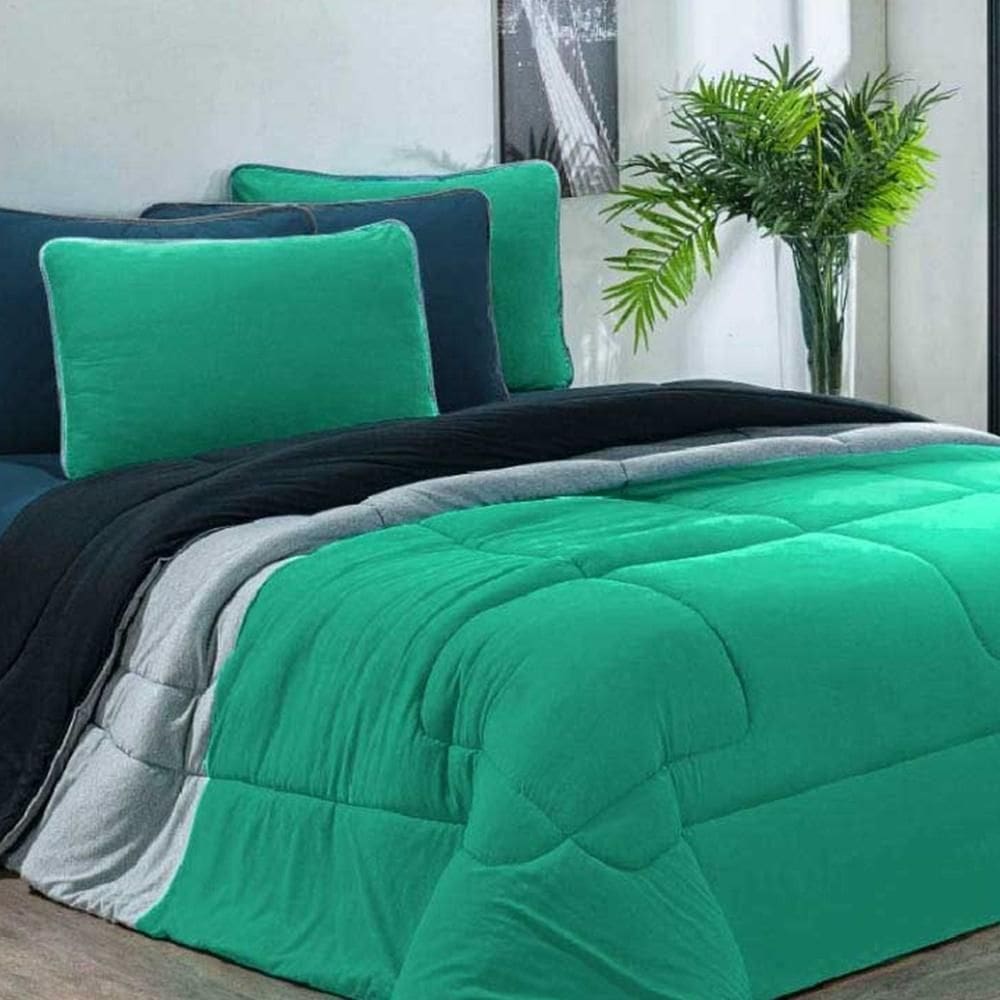 Edredom Malha 100% Algodão Urbano 1 Peça Queen - Verde Jade-mescla-preto
