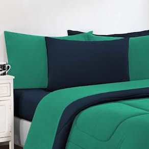 Kit Edredom Malha 100% Algodão Gran Moratta 2 Peças Solteiro - Verde Jade-azul Marinho