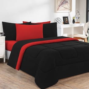 Kit Edredom Malha 100% Algodão Gran Moratta 3 Peças King - Preto-vermelho