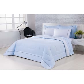 Kit Edredom 100% Algodão Percal 150 Fios Dupla Face Casal + Jogo De Cama 7 Peças - Azul-branco
