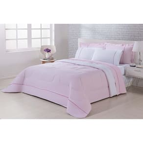 Kit Edredom 100% Algodão Percal 150 Fios Dupla Face Casal + Jogo De Cama 7 Peças - Rosa-branco