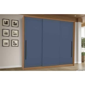 Guarda Roupa 3 Portas de Correr e 4 Gavetas Valência Freijo/Azul - Politorno