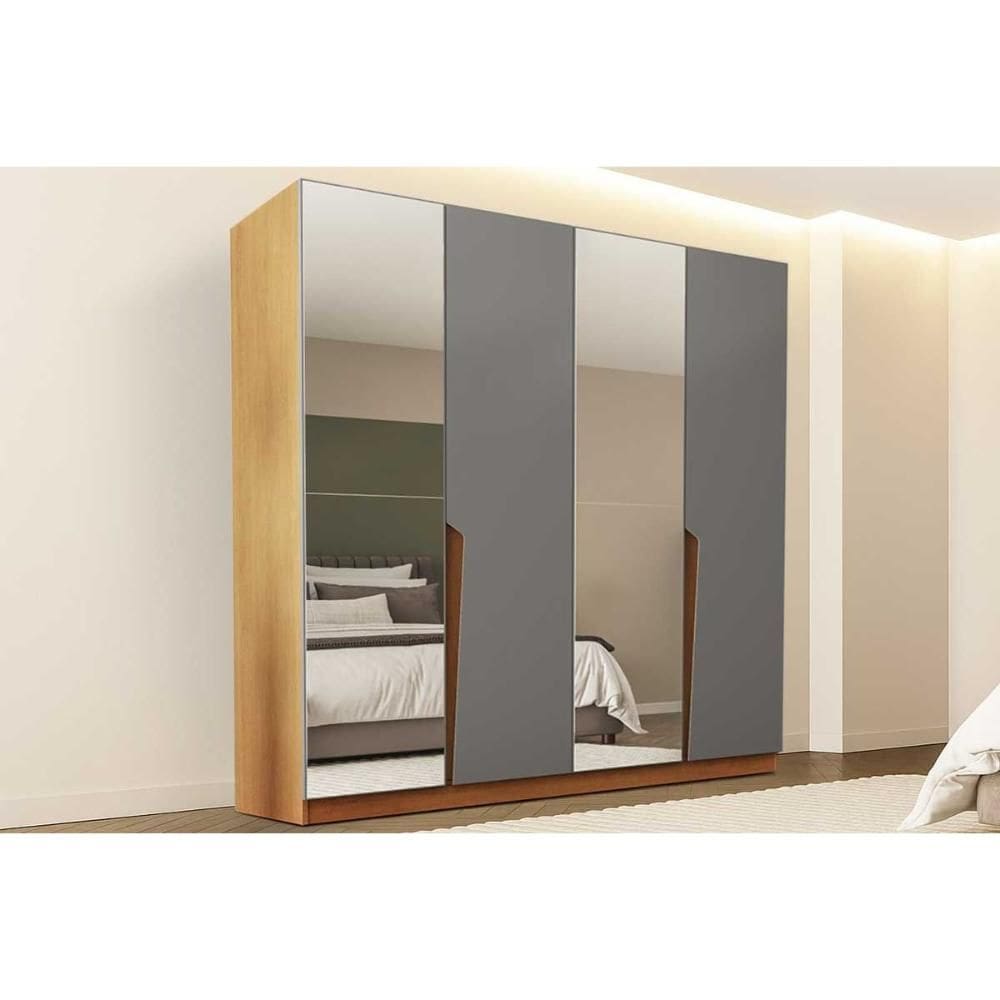Guarda Roupa Casal 4 Portas (2 c/ Espelho) e 4 Gavetas Porto Freijo/Cinza - Politorno