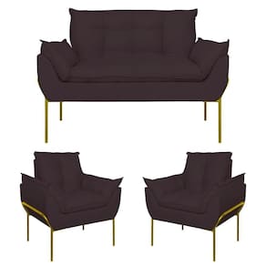 Kit 2 Poltronas Opala + Namoradeira Base Metal Dourada Cinza Escuro