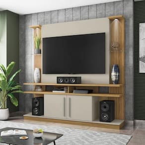 Rack Com Painel Para Até 55 Polegadas Com Vidros 2 Leds E 2 Portas Multimóveis Cr45278 Cinamomo/off White/ripado