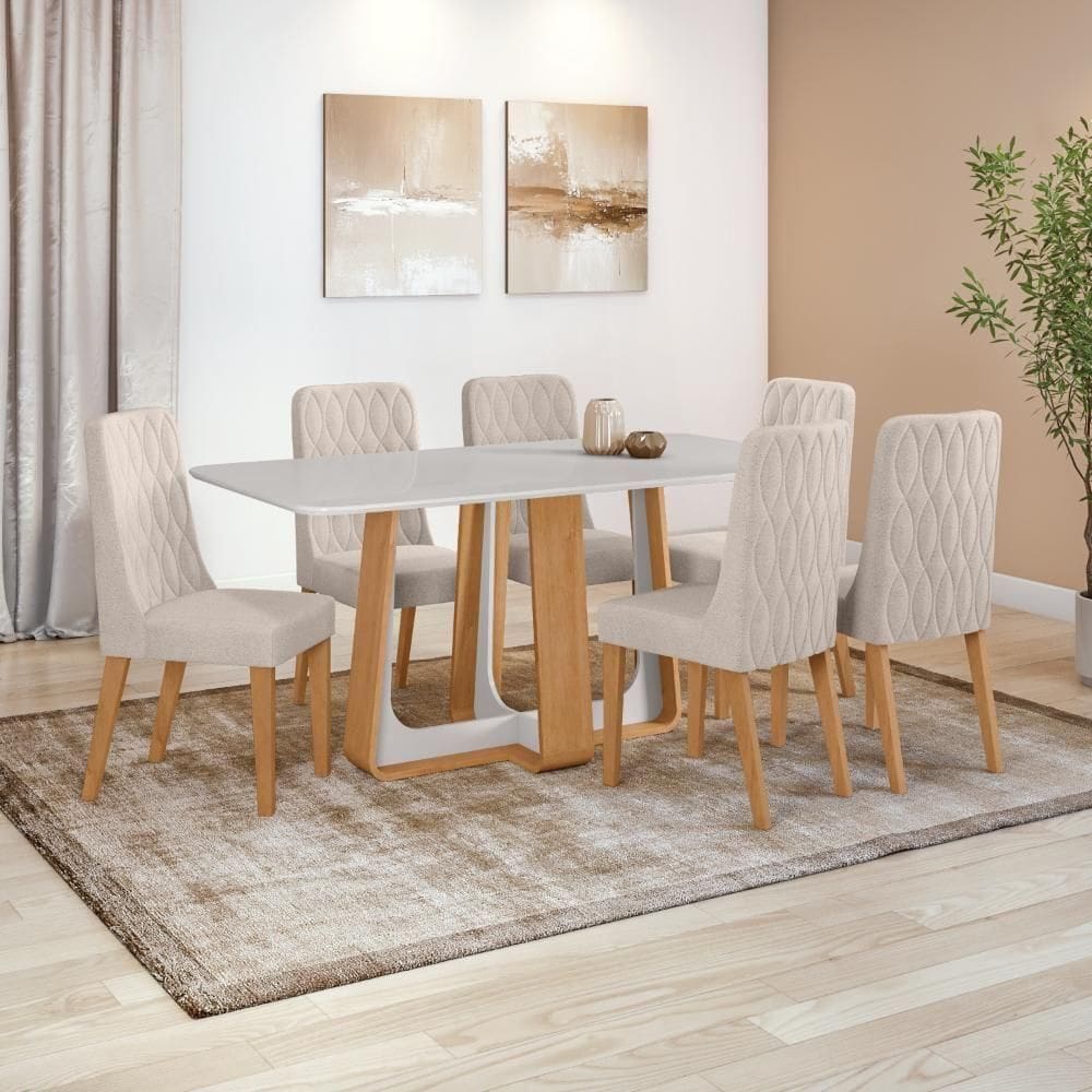 Conjunto Sala De Jantar Mesa Easy Pop 170x90cm Tampo Vidro/mdf Com 6 Cadeiras Seat Boucle Bege Amendoa/off White