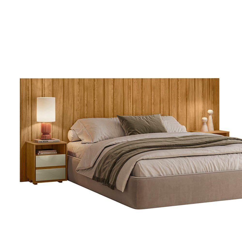 Cabeceira Casal Extensível Frida Com 2 Mesas De Apoio - 7 Decor Cumaru E Opala