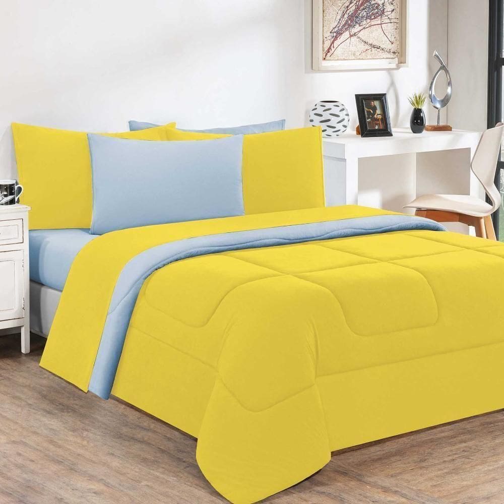 Kit Edredom Malha 100% Algodão Gran Moratta 2 Peças Solteiro - Amarelo-azul Bebê
