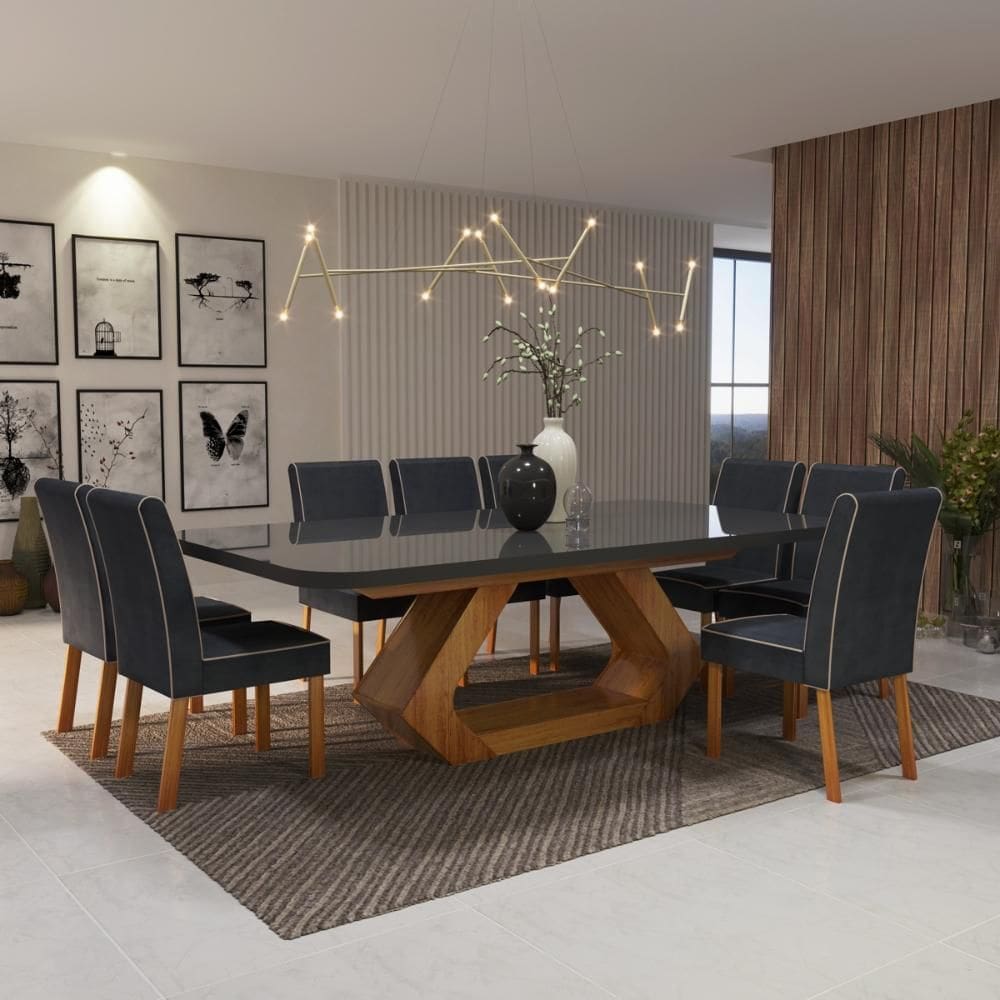 Sala de Jantar 220x110 Lottus MDF/Vidro Grafite 8 Cad Bom Pastor