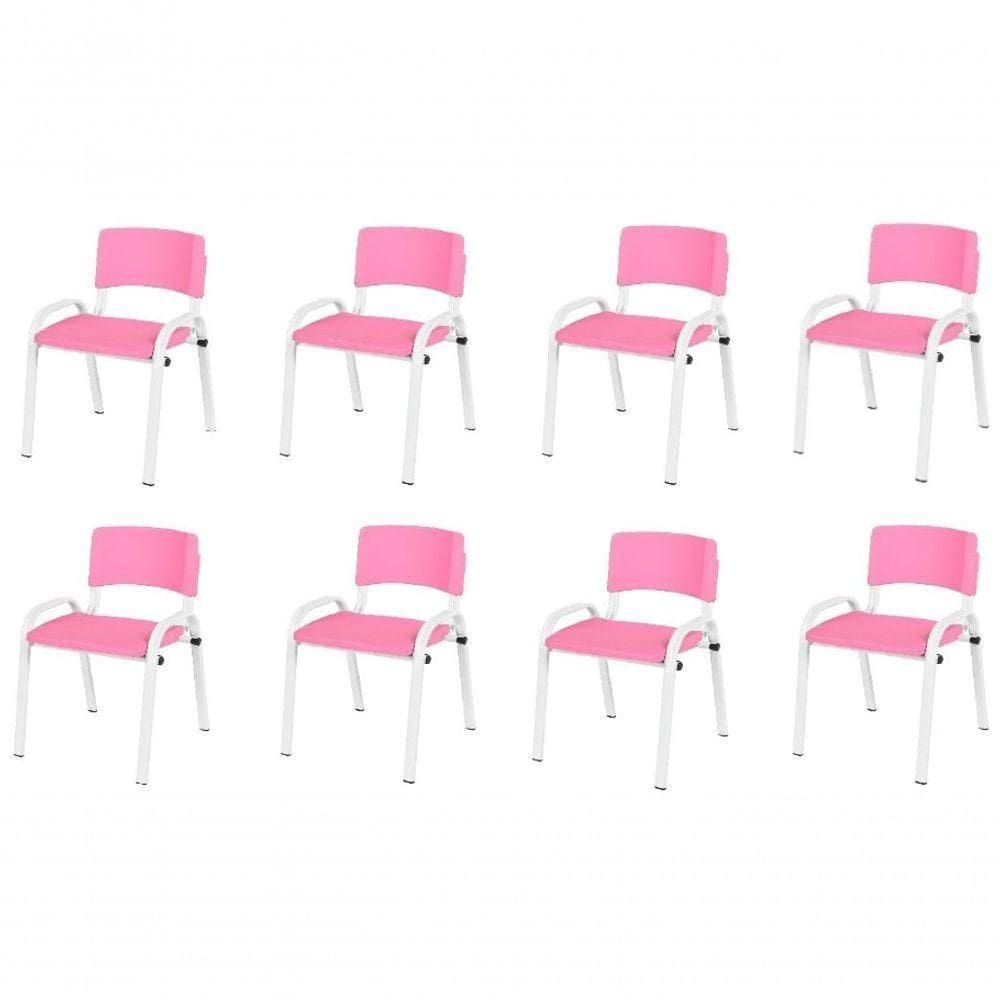 Kit 8 Cadeiras Infantil Iso, Escola, Base Branco- Rosa