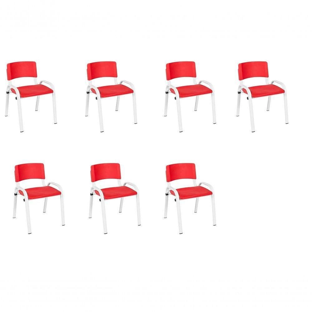 Kit 7 Cadeiras Infantil Iso, Escola, Base Branco- Vermelho