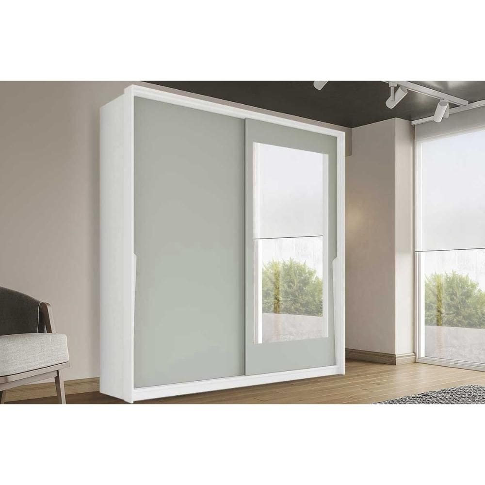 Guarda Roupa 2 Portas de Correr (1 c/ espelho) e 2 Gavetas Porto Branco/Verde - Politorno