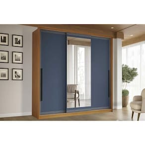 Guarda Roupa 3 Portas de Correr (1 c/ espelho) e 4 Gavetas Valência Freijo/Azul - Politorno
