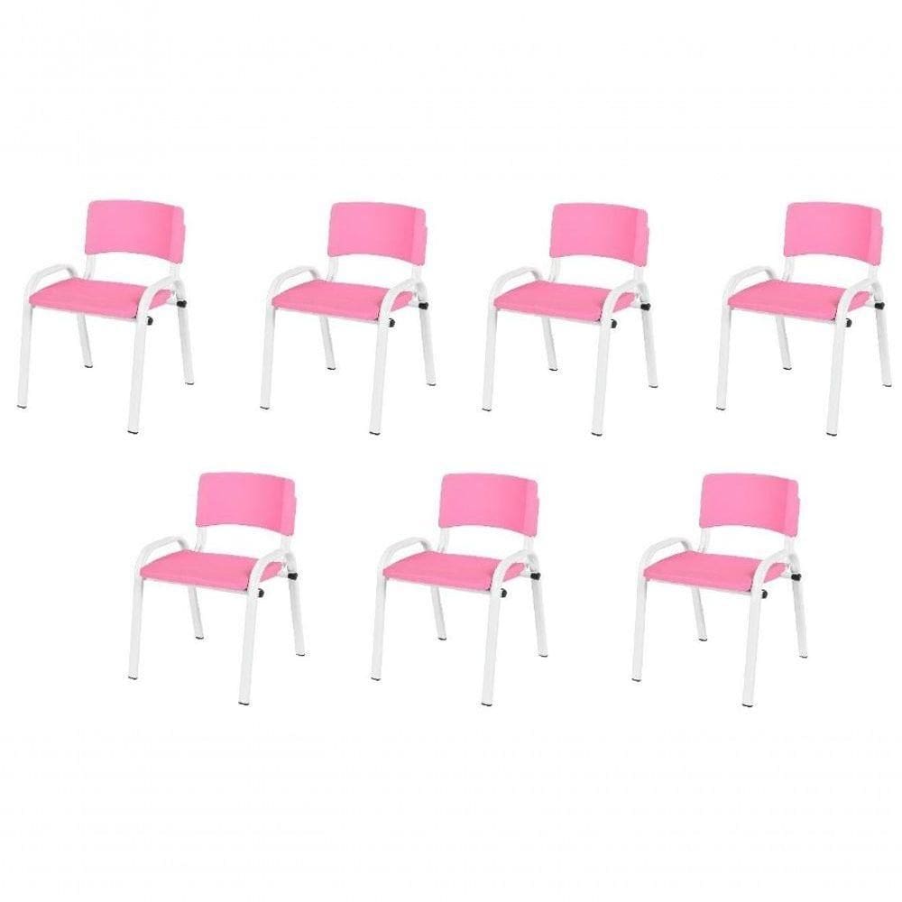 Kit 7 Cadeiras Infantil Iso, Escola, Base Branco- Rosa