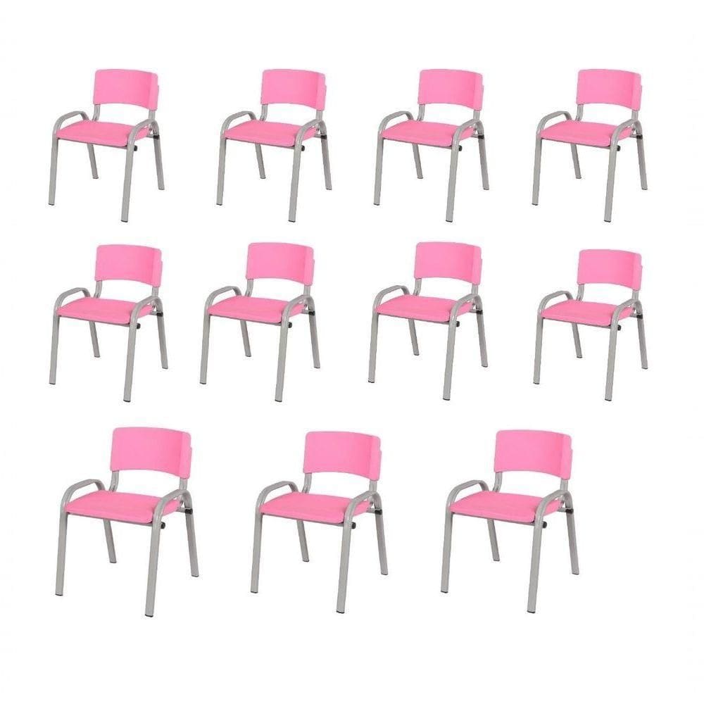 Kit 11 Cadeiras Infantil Iso, Escola, Base Cinza- Rosa