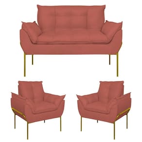 Kit 2 Poltronas Opala + Namoradeira Base Metal Dourada Rosa