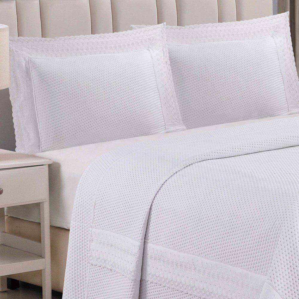 Cobre Leito Casal Padrão Majestic Bordado Inglês Micropercal 300 Fios Toque De Algodão 3 Peças - Branco
