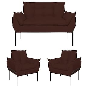 Kit 2 Poltronas Opala + Namoradeira Base Metal Preta Suede Marrom