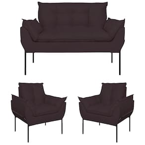 Kit 2 Poltronas Opala + Namoradeira Base Metal Preta Suede Cinza