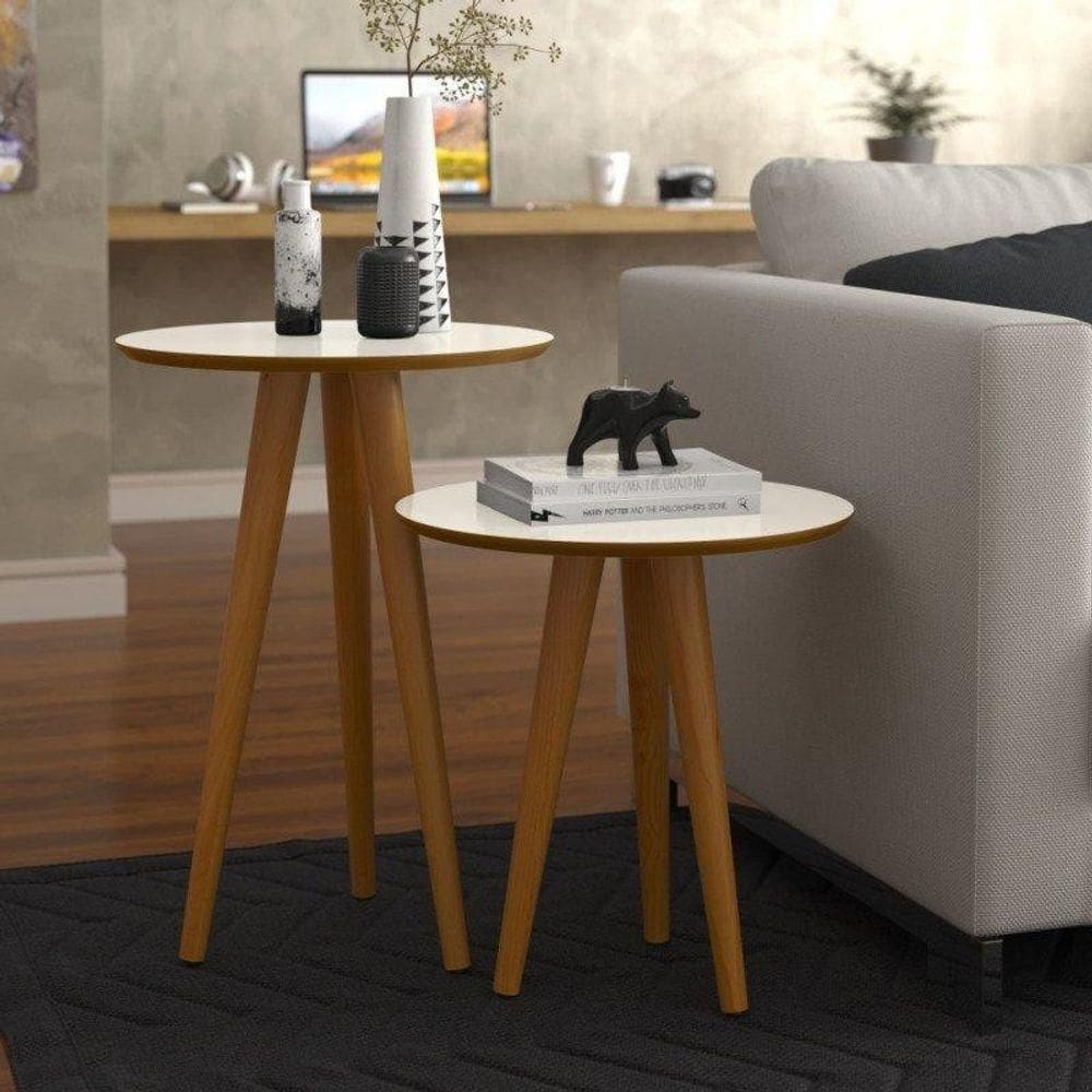 Conjunto 2 Mesas 4202 Pés Palito Ofertamo Sala Off White/freijo